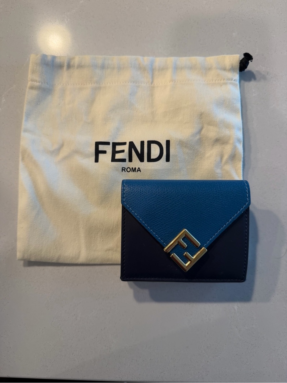 Fendi Two-Tone Blue Leather Tri-Fold Wallet with Gold FF Hardware
